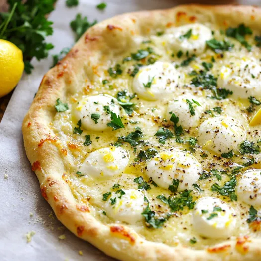 A pizza with cheese and herbs on top.