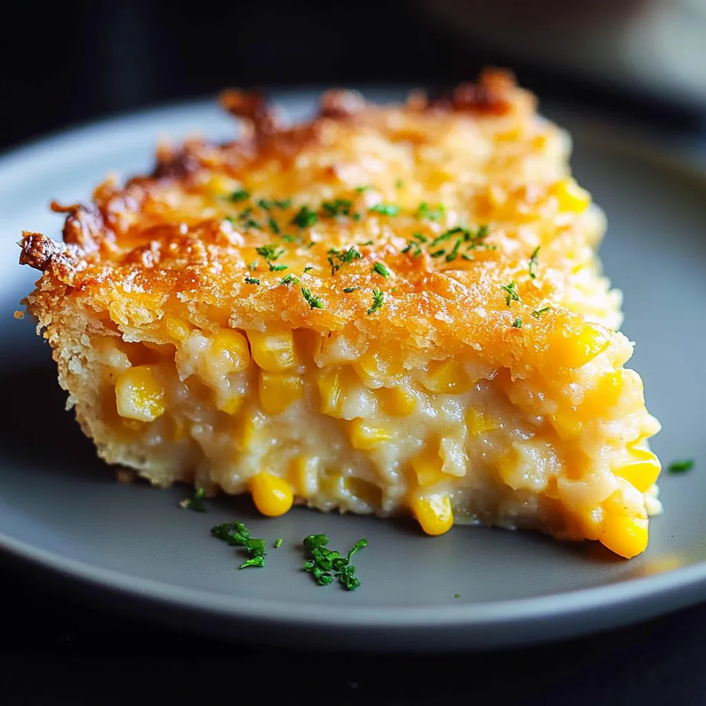 A slice of corn casserole on a plate.