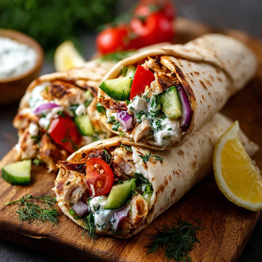 A delicious wrap filled with vegetables and chicken, served on a wooden cutting board.
