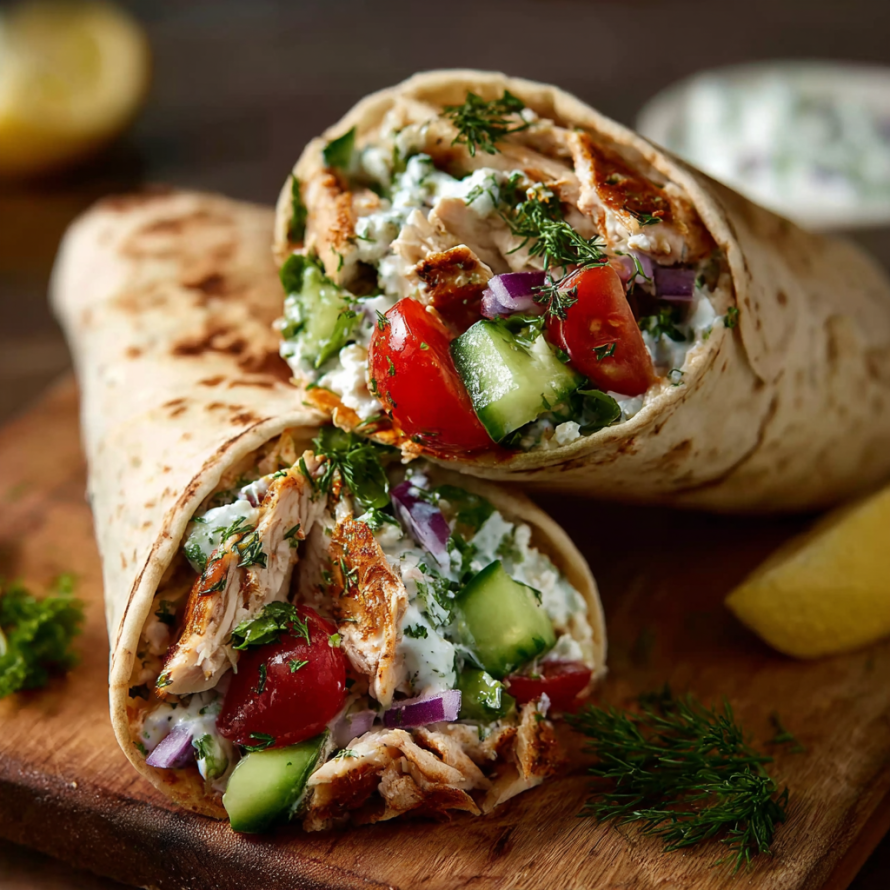A delicious wrap filled with chicken, tomatoes, cucumbers, and feta cheese.