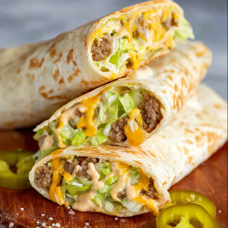 A delicious burrito filled with meat, lettuce, and cheese is served on a wooden table.