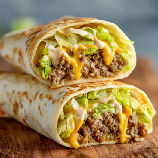 A delicious burrito filled with meat, lettuce, and cheese, ready to be enjoyed.
