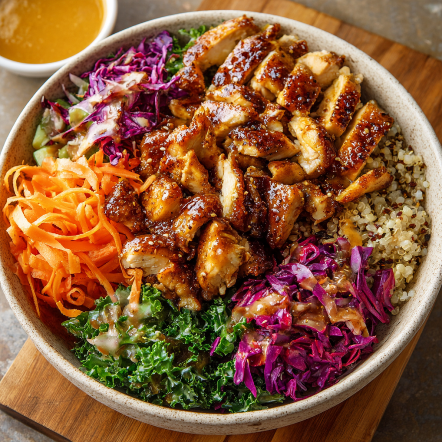 A bowl of Asian cuisine, containing chicken, vegetables, and rice, is presented on a wooden table.