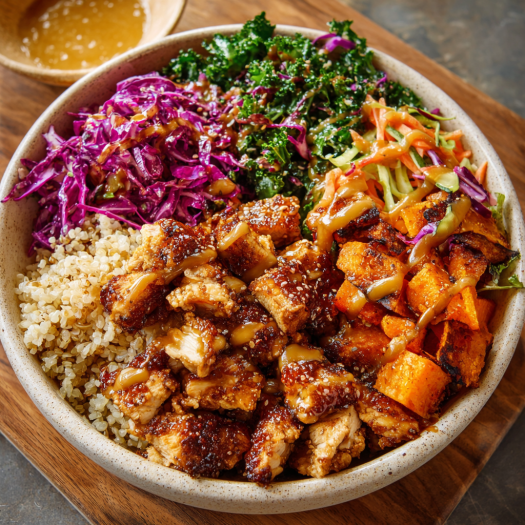 A bowl of food containing chicken, vegetables, and rice.