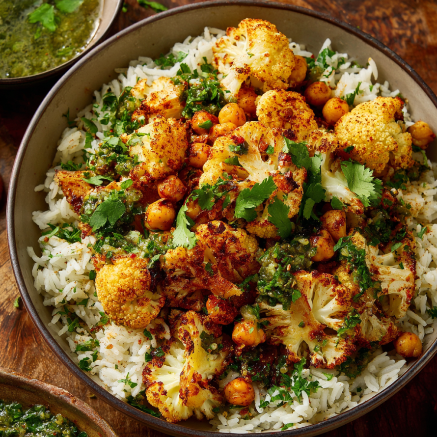A bowl of rice and cauliflower with a green sauce on top.