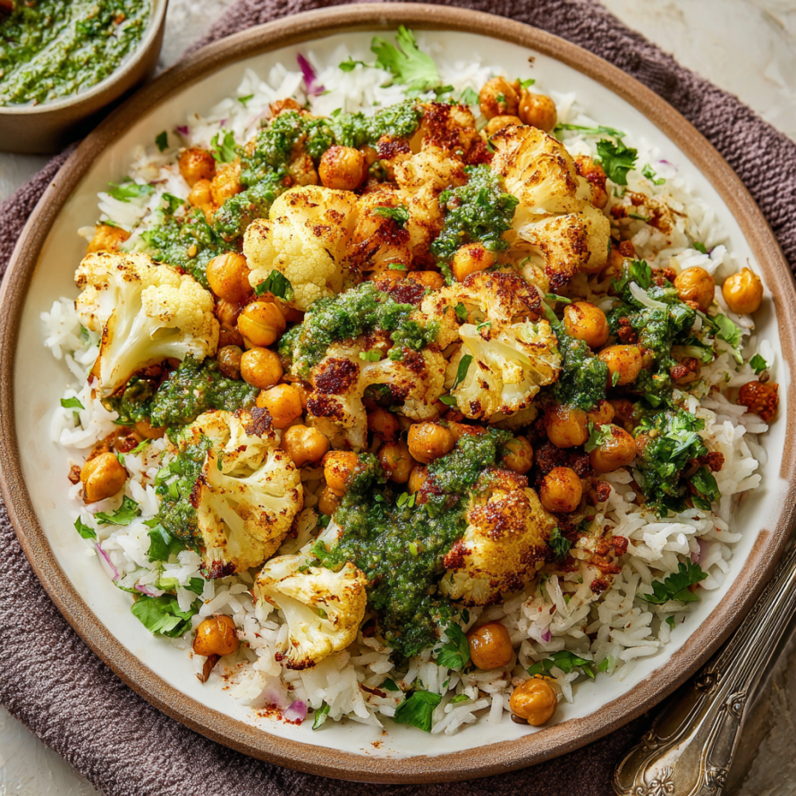 A bowl of rice and vegetables, including cauliflower and chickpeas, is topped with a green sauce.