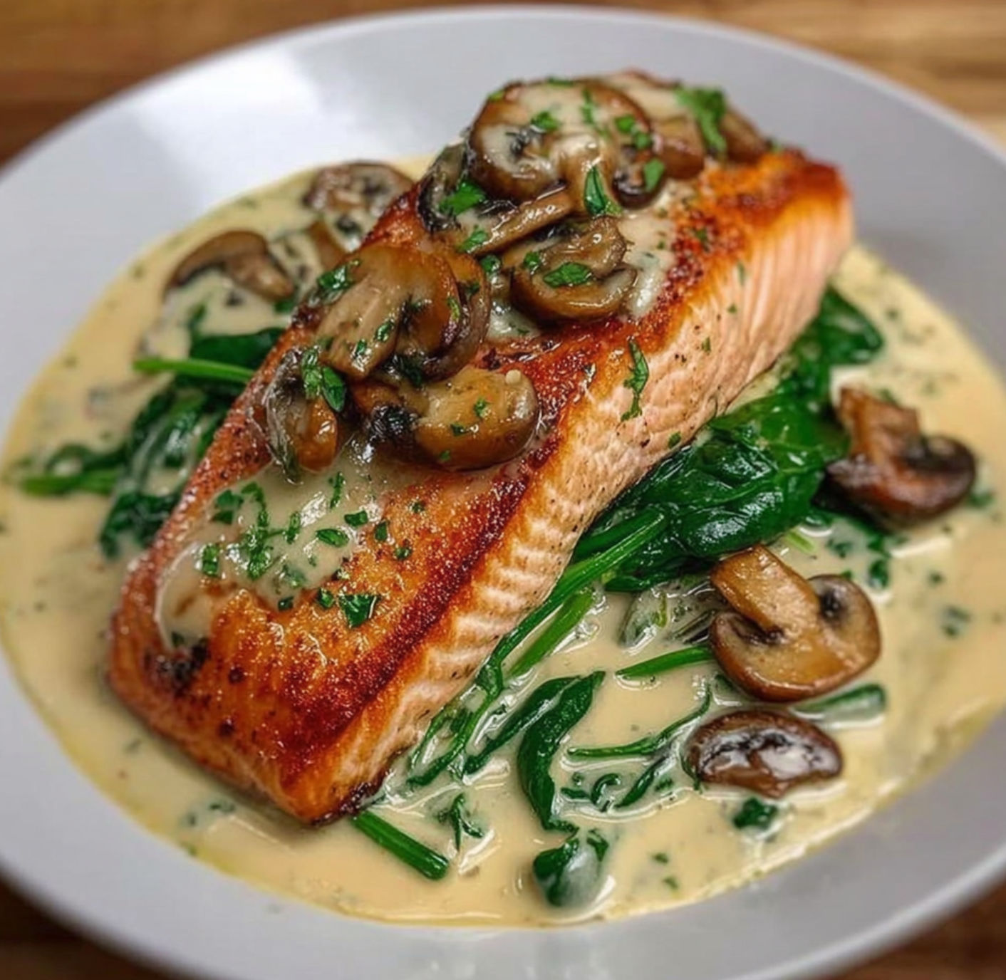 A delicious meal of fish with mushrooms and greens, served in a white bowl.