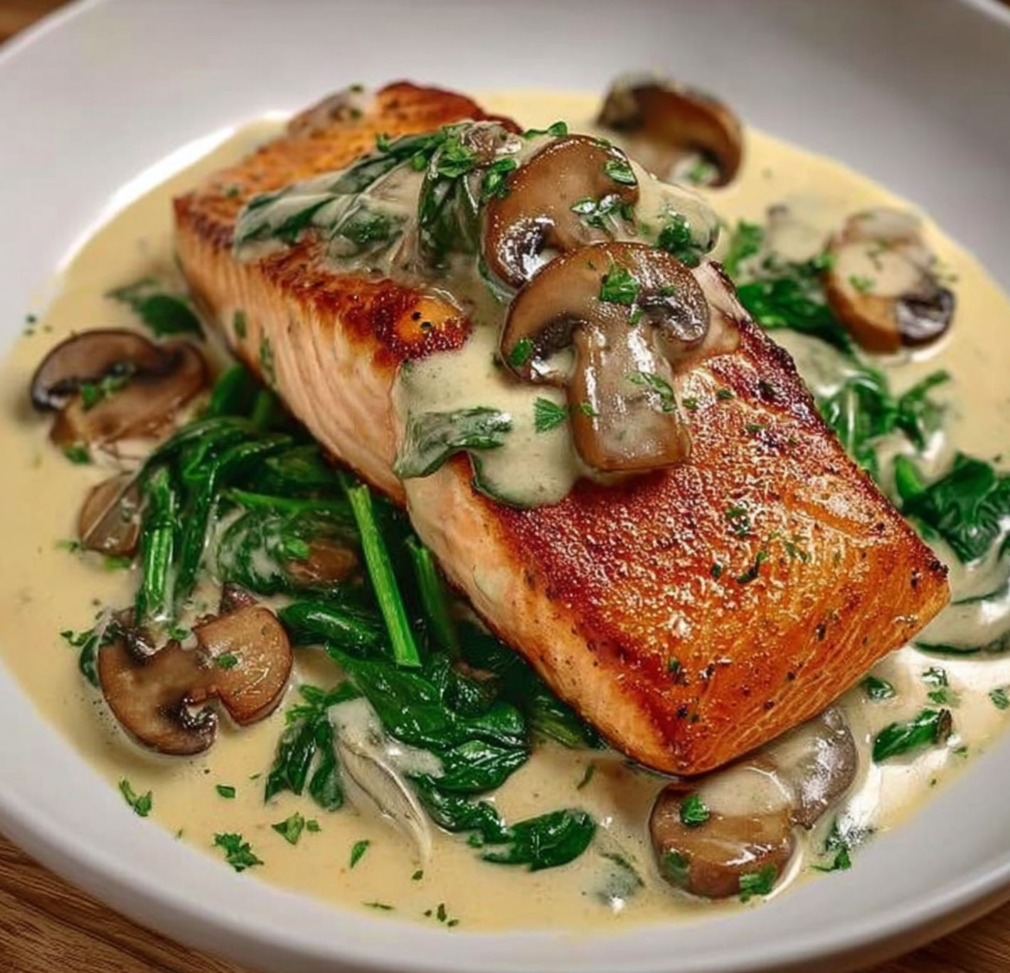 A delicious meal of salmon with mushrooms and greens, served in a white bowl.