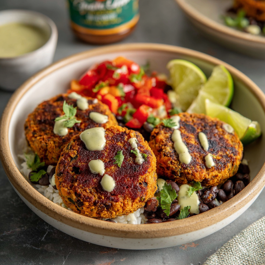 A plate of Lime Drenched Sweet Potato Black Bean Patties with a side of rice.