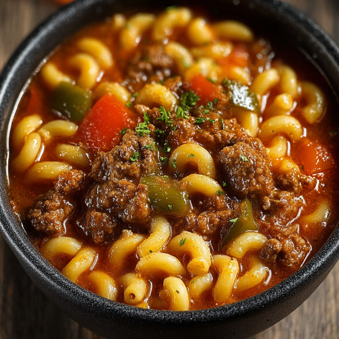 A bowl of pasta with meat sauce and vegetables, including peppers and carrots.