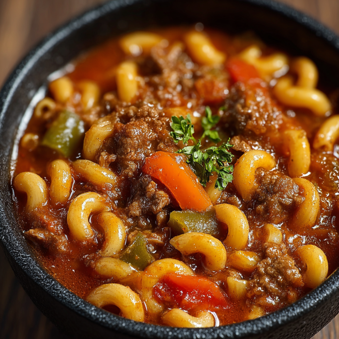 A bowl of chili with pasta, beans, and meat.