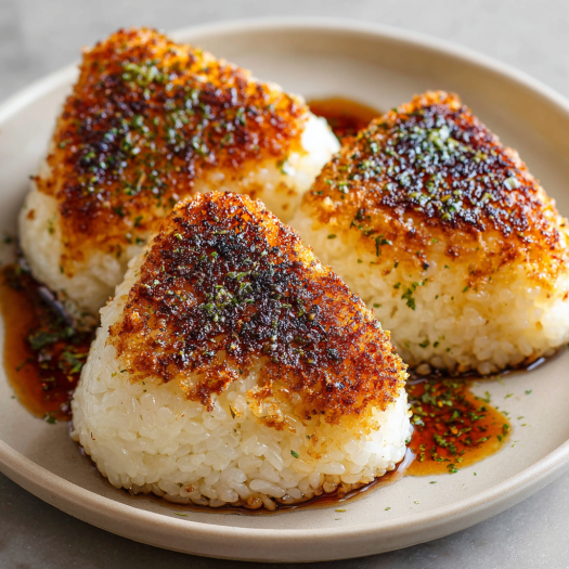 A plate of Yaki Onigiri, a Japanese dish made of grilled rice balls, is presented on a table.