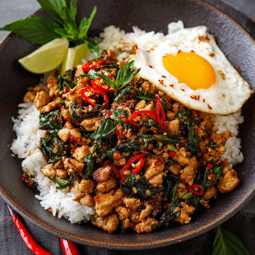 A bowl of Asian cuisine containing rice, meat, and vegetables, with a fried egg on top.
