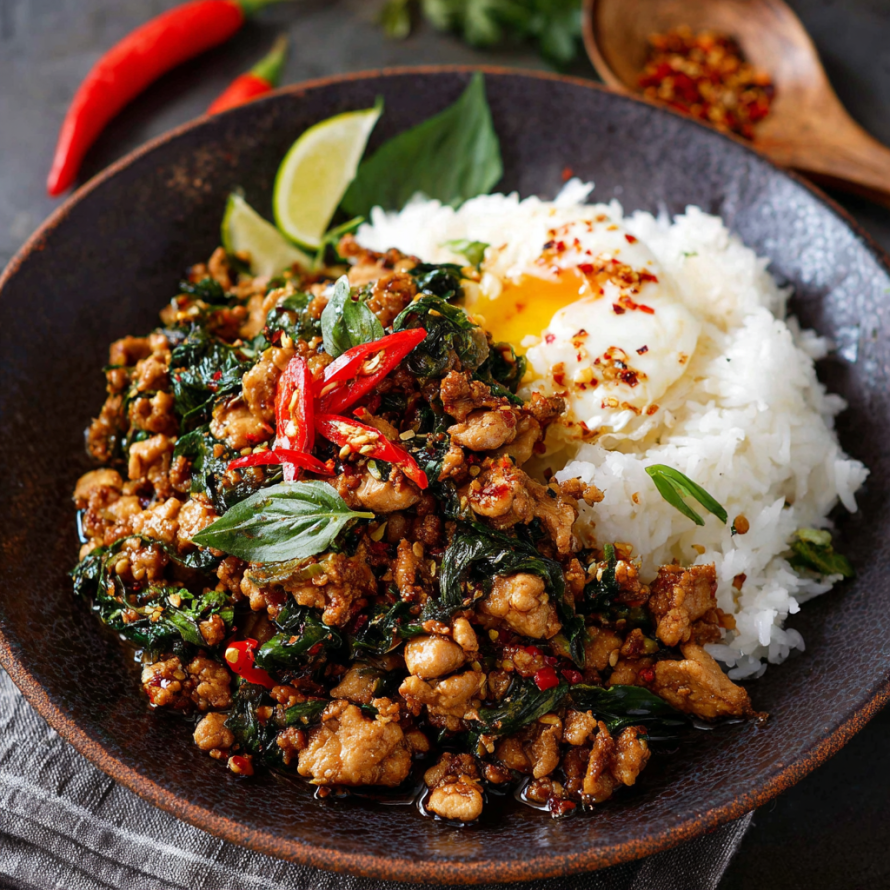 A bowl of Asian cuisine, including rice, meat, and vegetables, is served on a table.