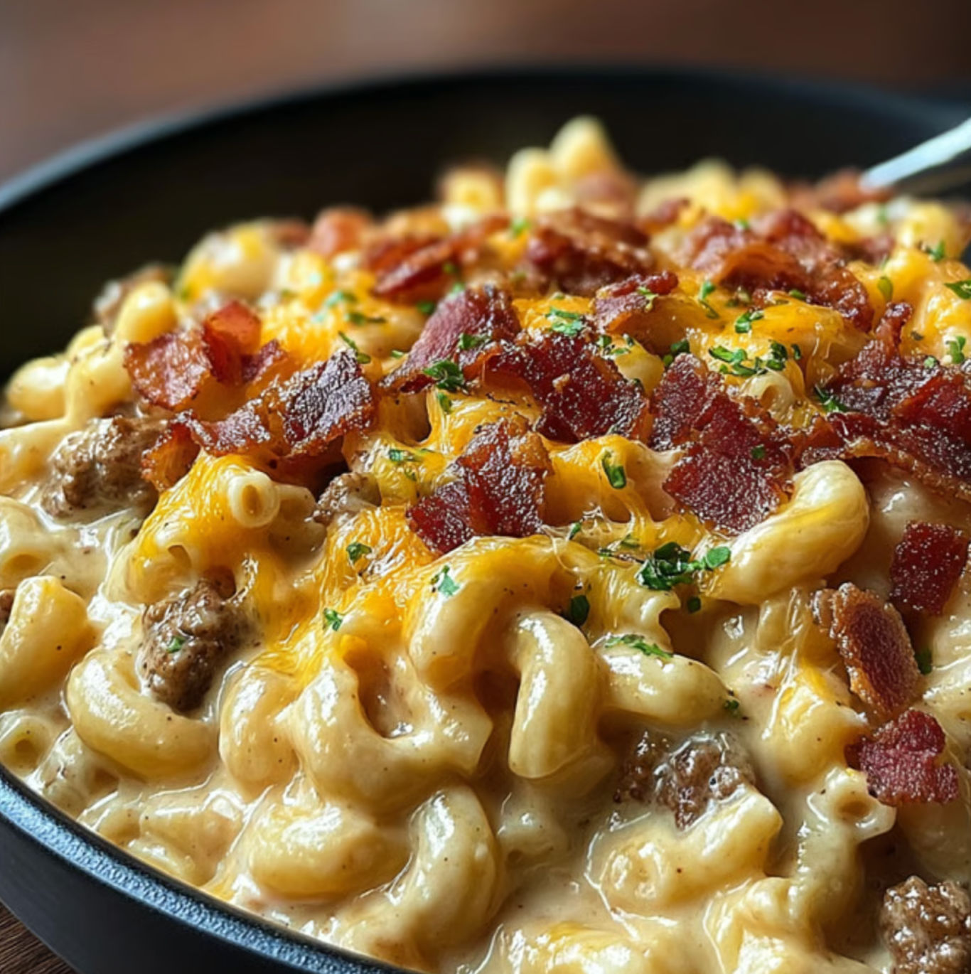 A delicious macaroni and cheese dish with bacon and sausage, served in a black bowl.