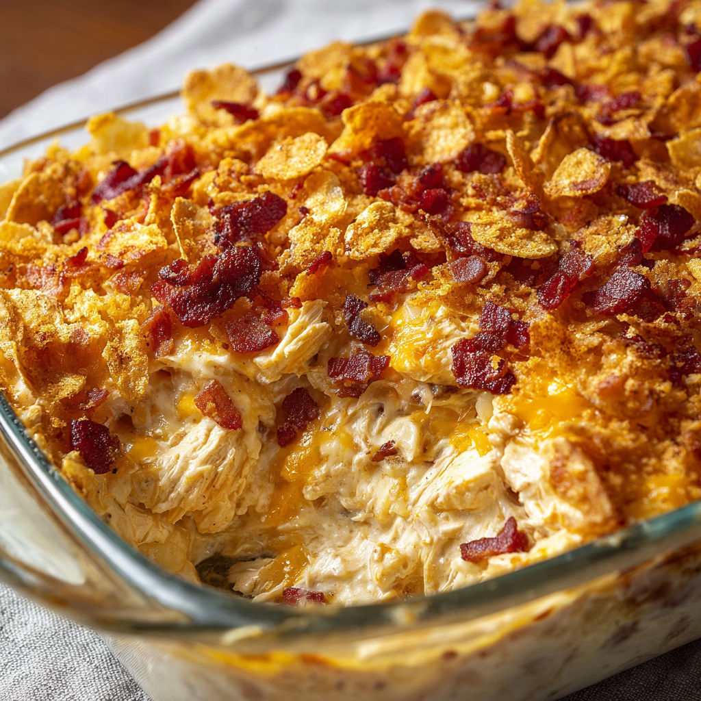 A delicious Bacon Ranch Chicken Casserole is ready to be served.