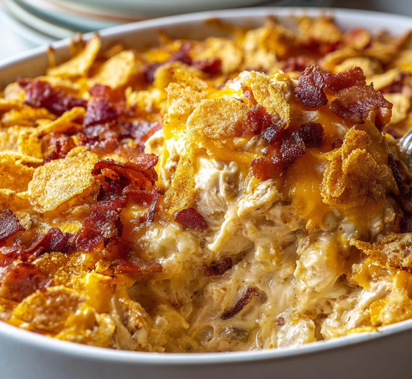 A bowl of bacon and cheese casserole with a golden brown crust.