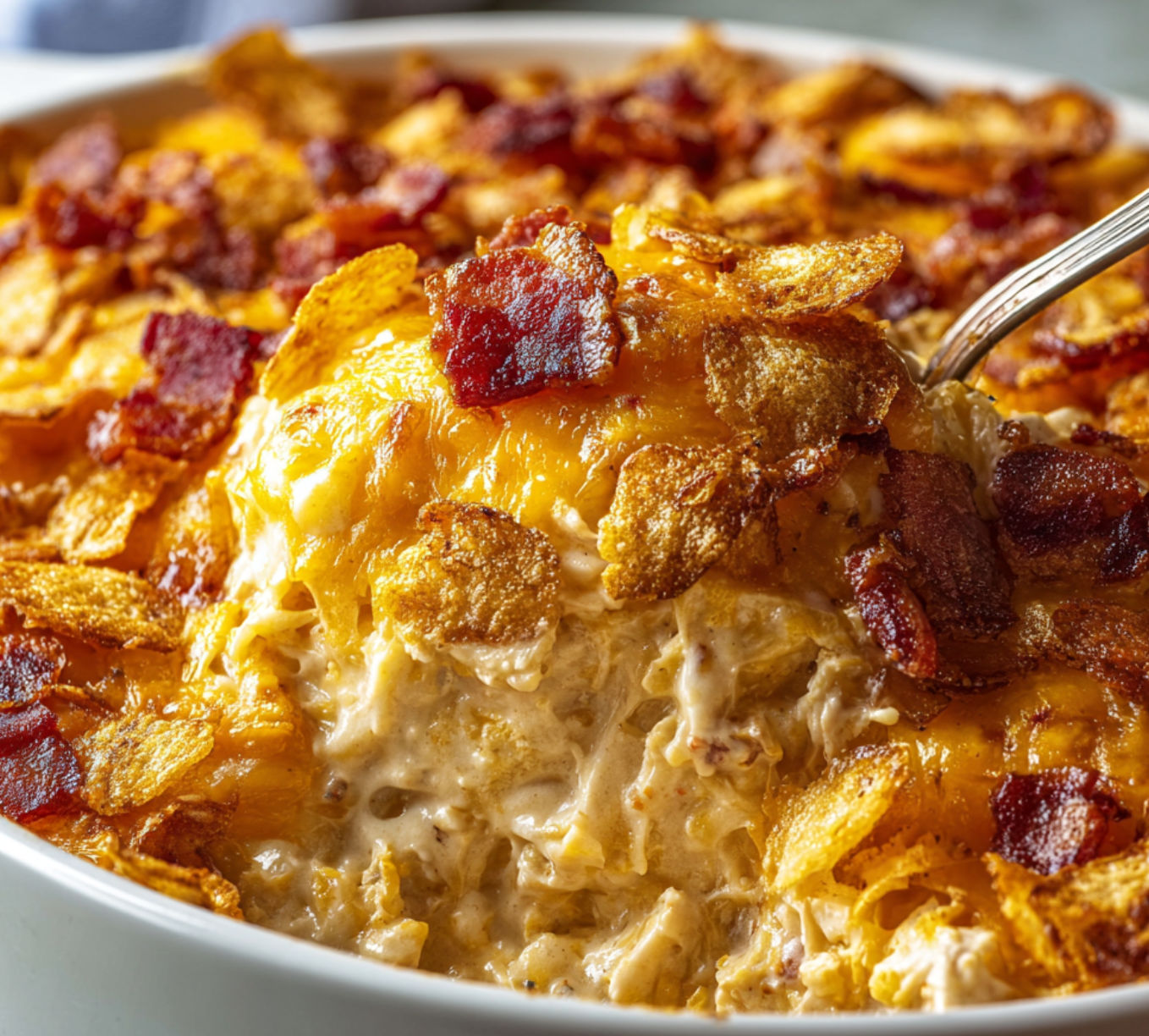 A bowl of bacon and cheese casserole, ready to be eaten.