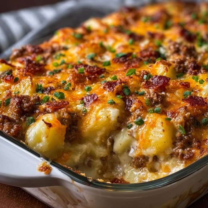 A delicious Loaded Potato & Meatloaf Casserole is ready to be served.
