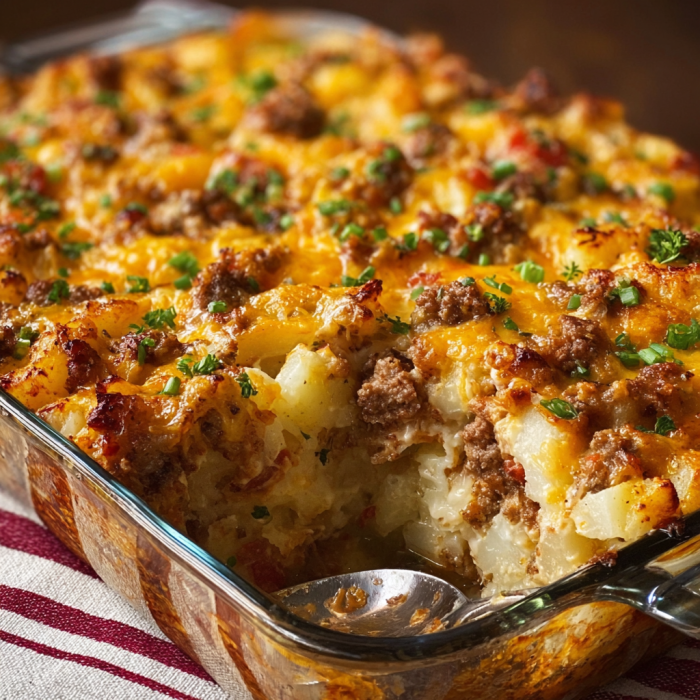 A delicious Loaded Potato & Meatloaf Casserole is ready to be served.