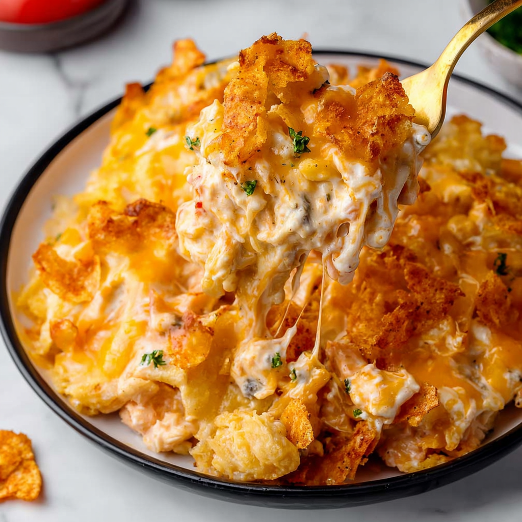 A bowl of nachos with a spoon in it, ready to be eaten.