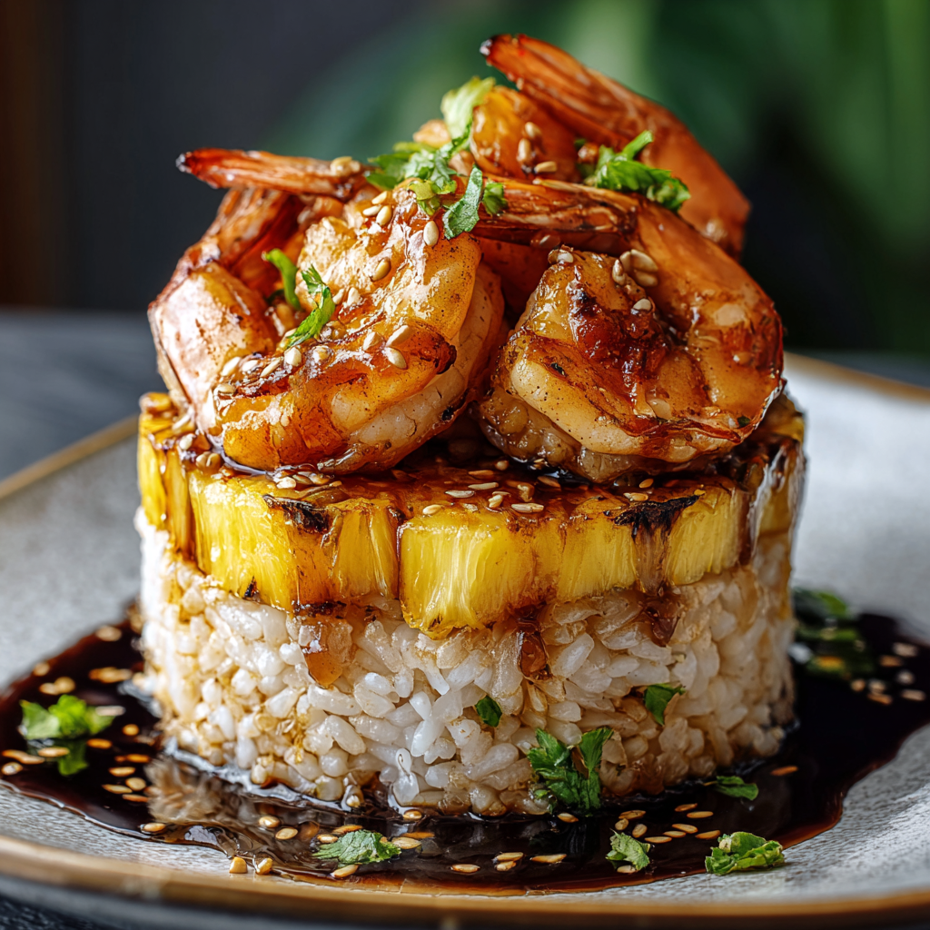 A delicious Teriyaki Shrimp Pineapple Rice Stack is served on a plate.