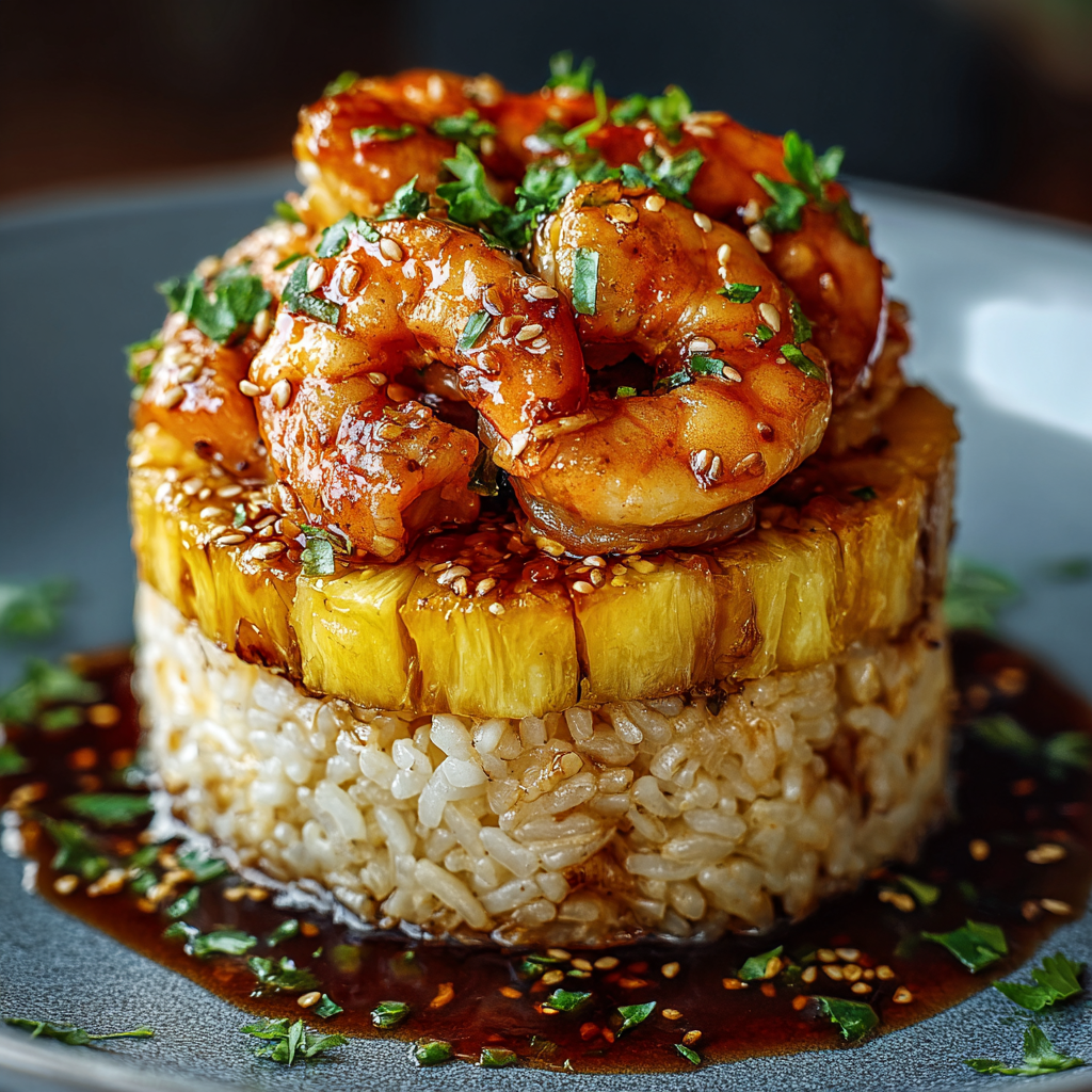 A plate of shrimp and rice with a brown sauce on top.