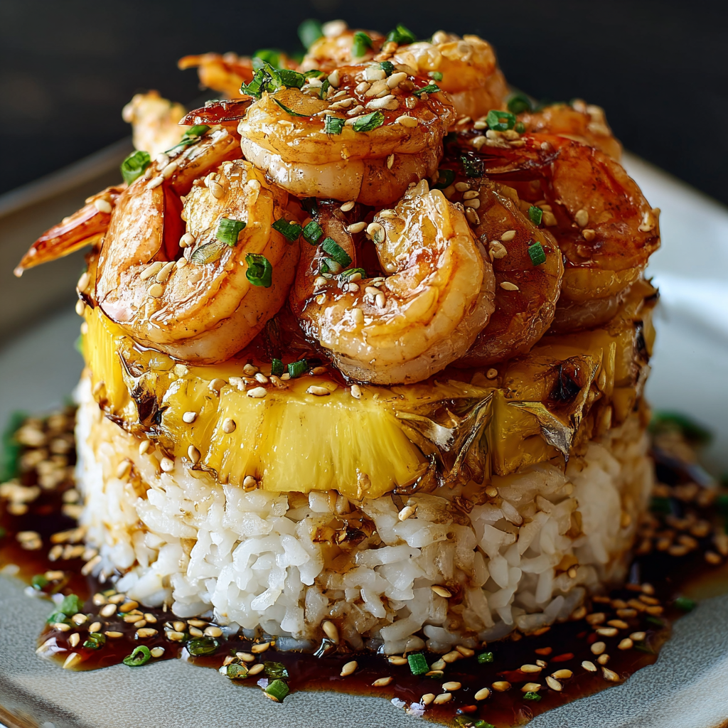 A plate of shrimp and rice with a brown sauce on top.