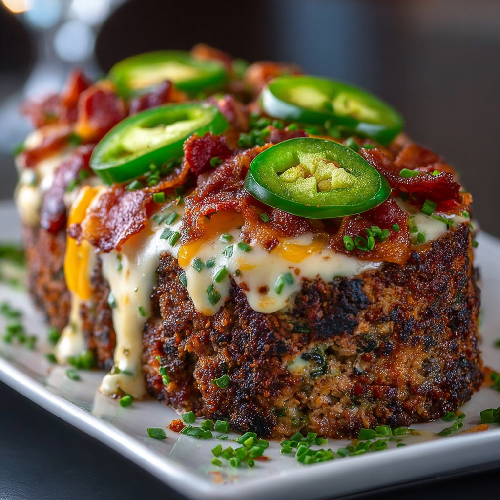 A delicious smoky jalapeño popper meatloaf is served on a white plate.