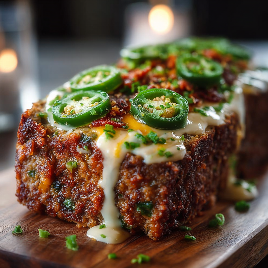 A delicious meat dish with a generous amount of cheese and jalapenos, served on a wooden cutting board.