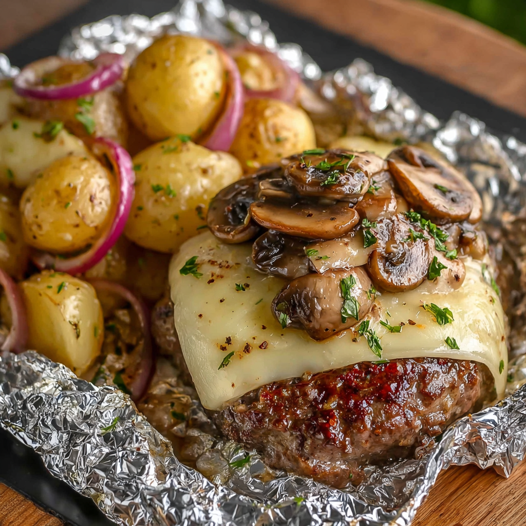A delicious meal of mushrooms and potatoes wrapped in foil, ready to be cooked.