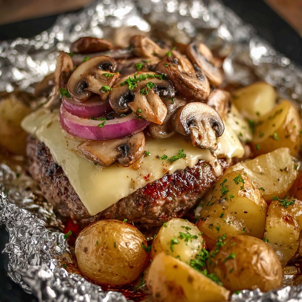 A delicious hamburger with mushrooms and potatoes wrapped in foil.