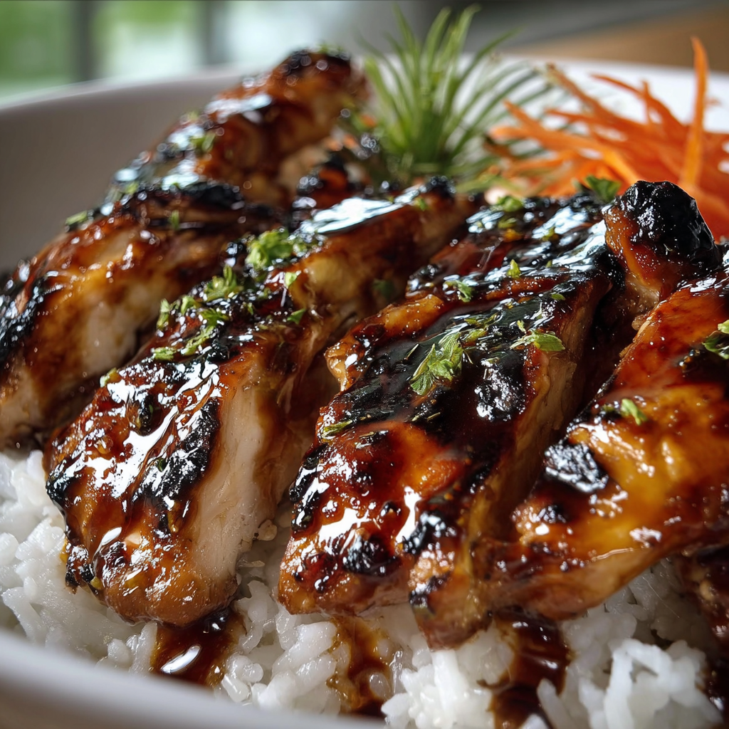 A plate of food with rice and meat, possibly chicken, with a sauce on top.