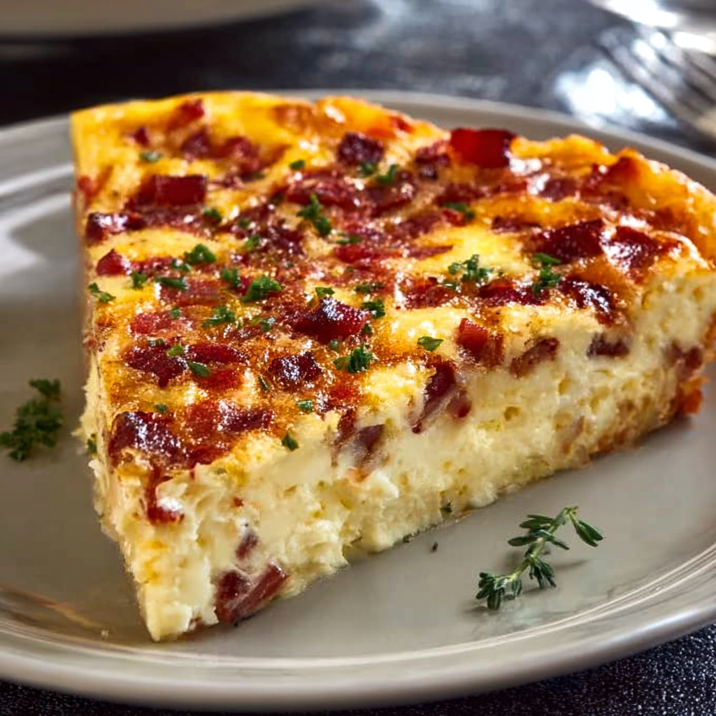 A slice of bacon and cheese quiche on a plate.