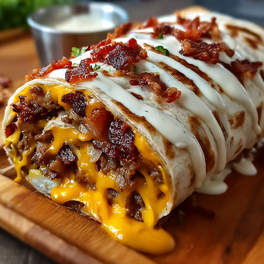 A delicious bacon cheeseburger burrito with a creamy cheese finish.