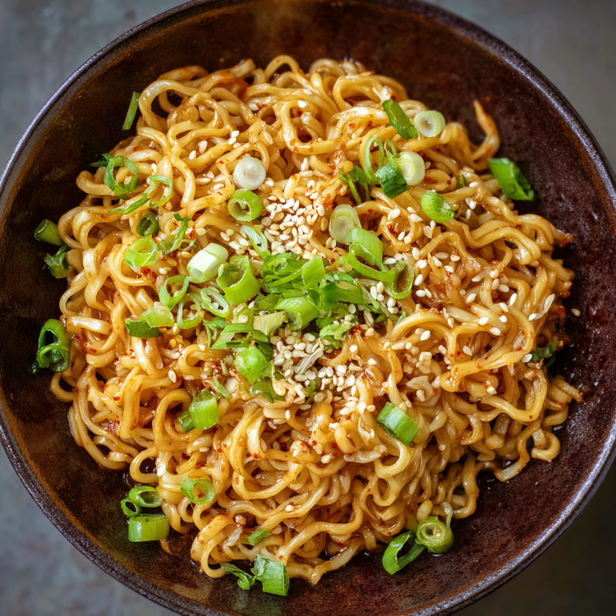 A bowl of noodles with vegetables and seasoning, including green onions and peppers, is served in a brown bowl.