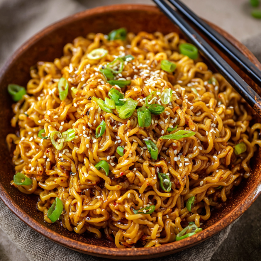 A bowl of noodles with vegetables and sauce, including broccoli and carrots.