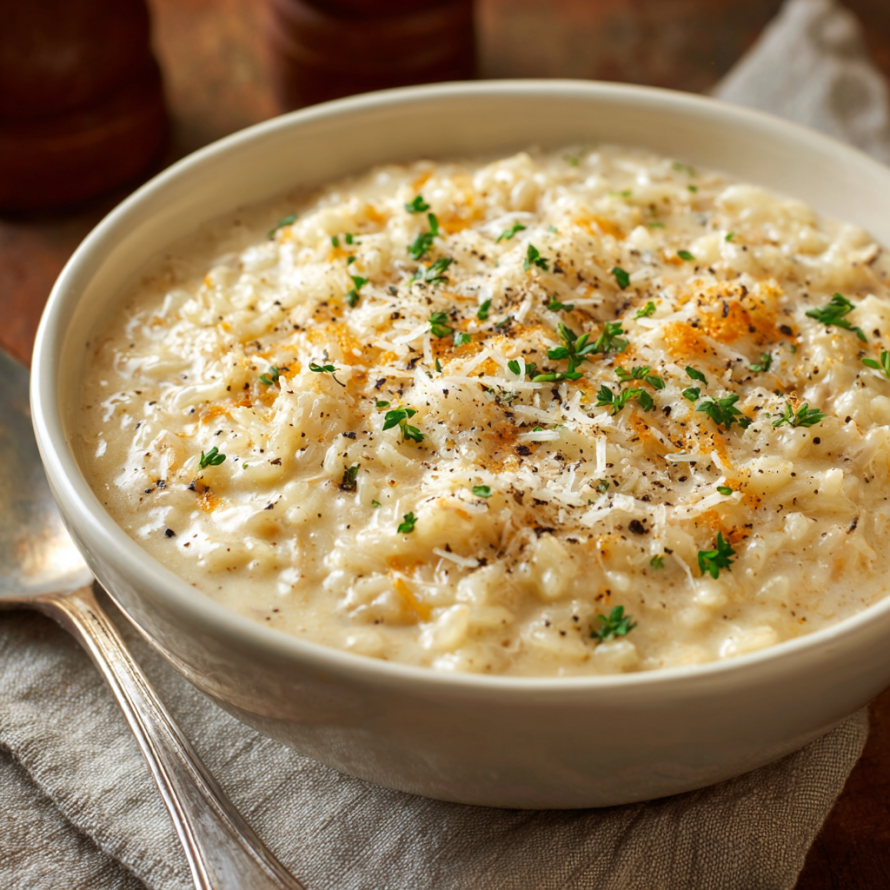 A bowl of rice with cheese and herbs, likely a 5 ingredient soup.