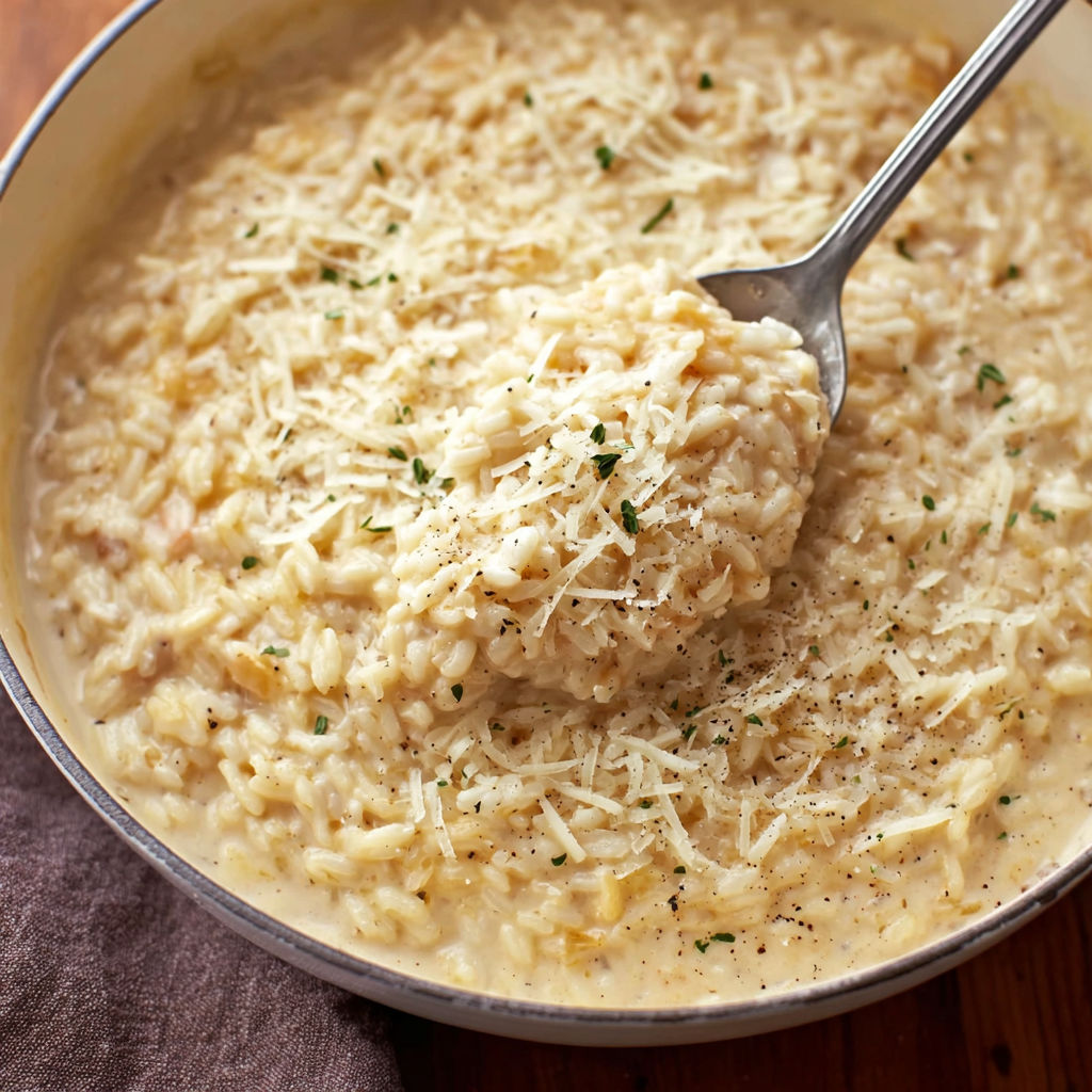 A bowl of creamy rice with cheese and herbs, ready to be eaten.