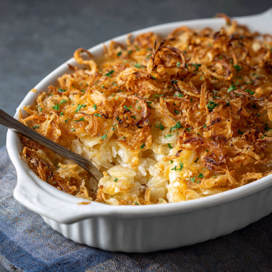 A white bowl filled with a delicious casserole dish.