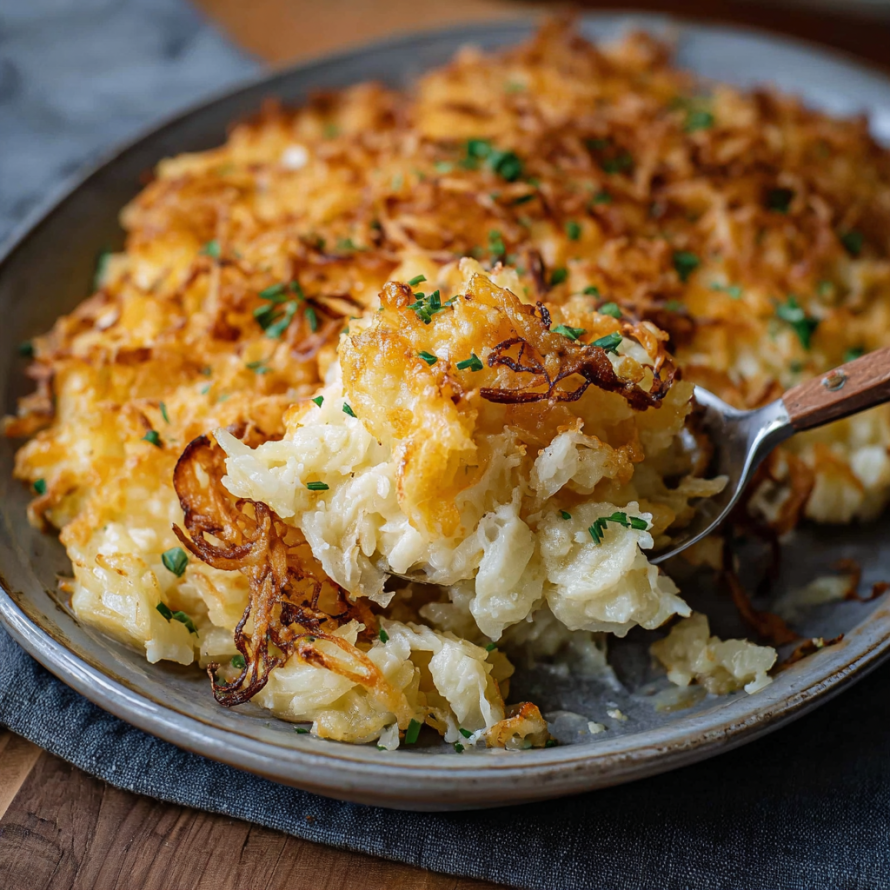 A delicious casserole dish filled with potatoes, cheese, and herbs, ready to be served.