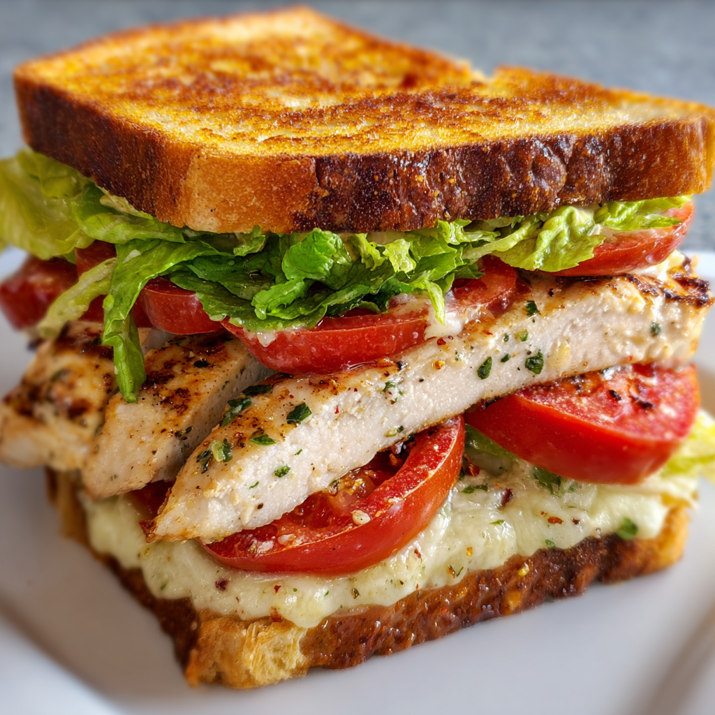 A sandwich with chicken, tomatoes, lettuce, and cheese on a white plate.