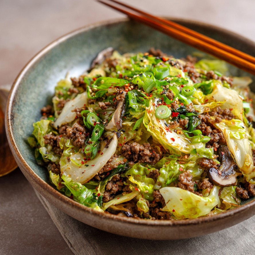 A bowl of Asian beef and vegetable stir fry, including broccoli, onions, and mushrooms, served with chopsticks.
