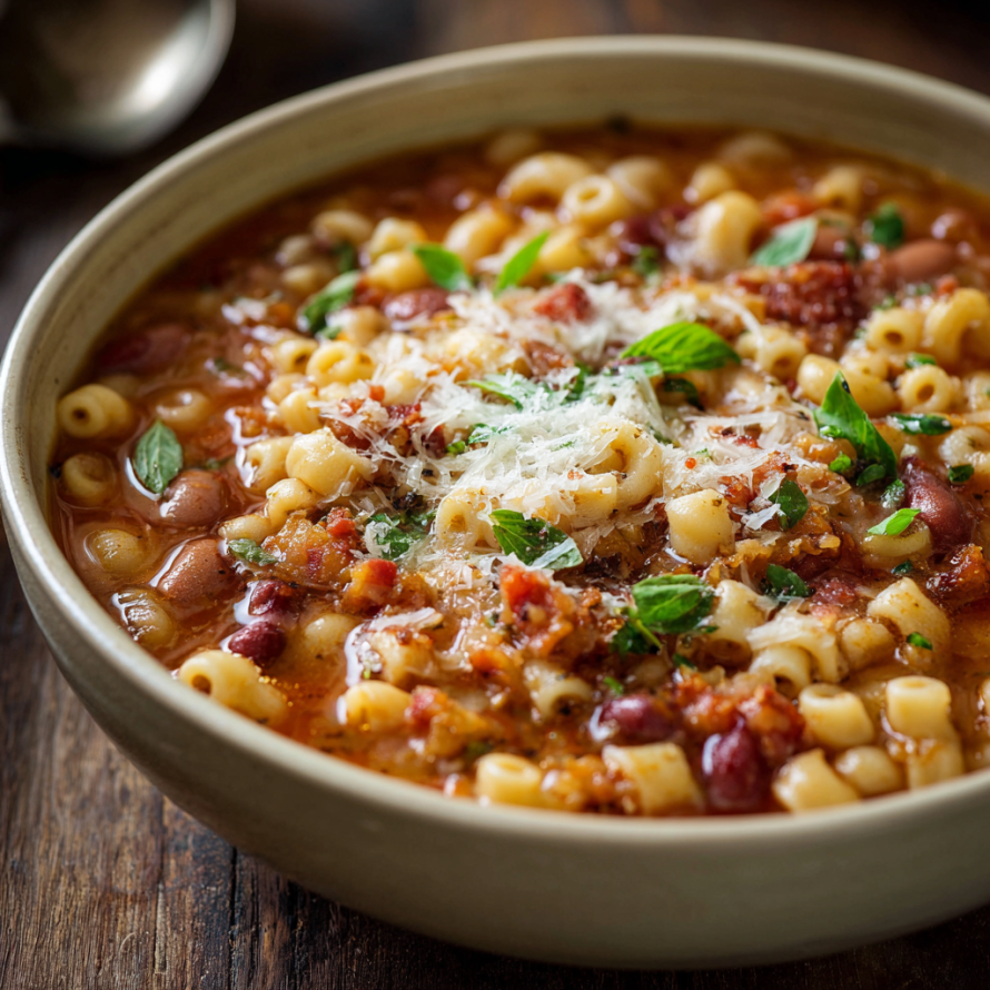 A bowl of Barefoot Contessa Pasta Fagioli with pasta, beans, and vegetables.