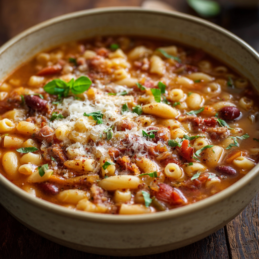 A bowl of pasta with meat sauce and cheese on a wooden table.