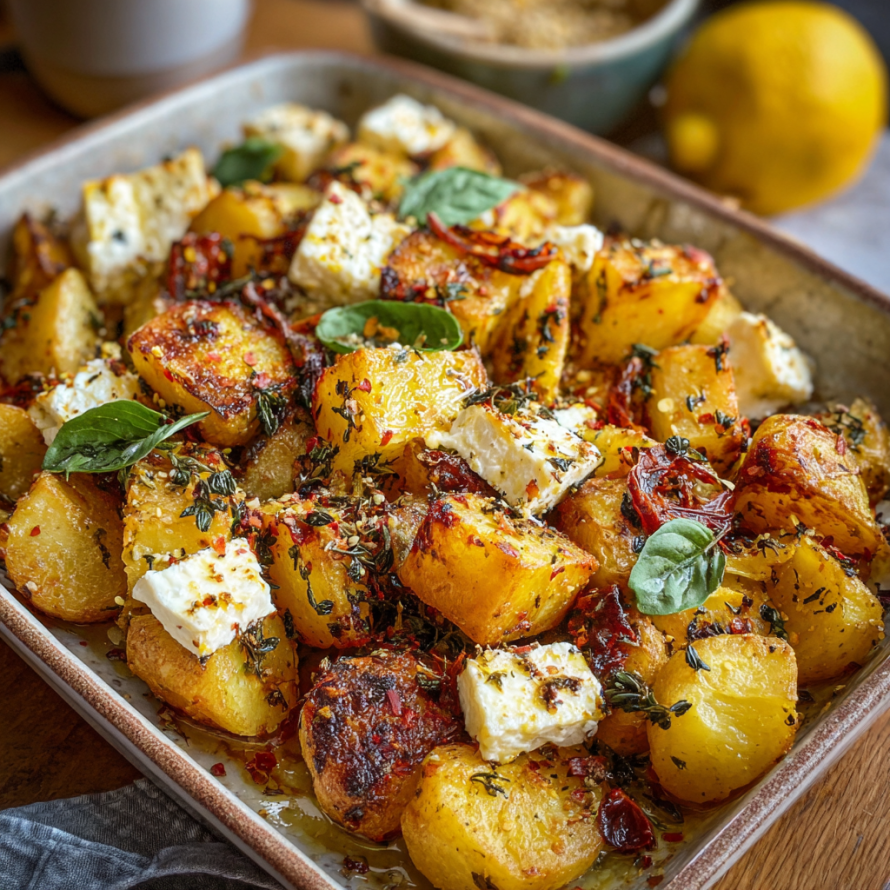 A dish of Baked Feta Potatoes is presented on a table.