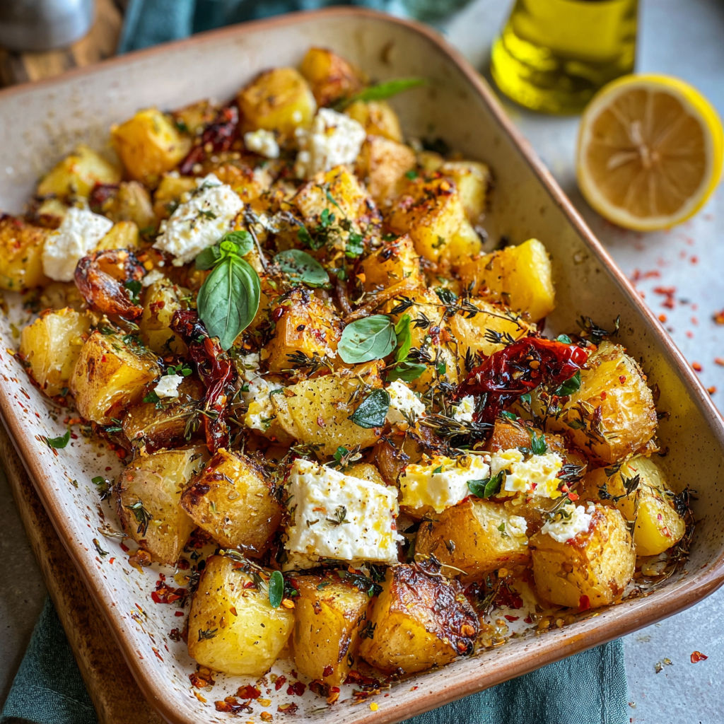 A dish of fried potatoes with feta cheese and herbs, served in a bowl.