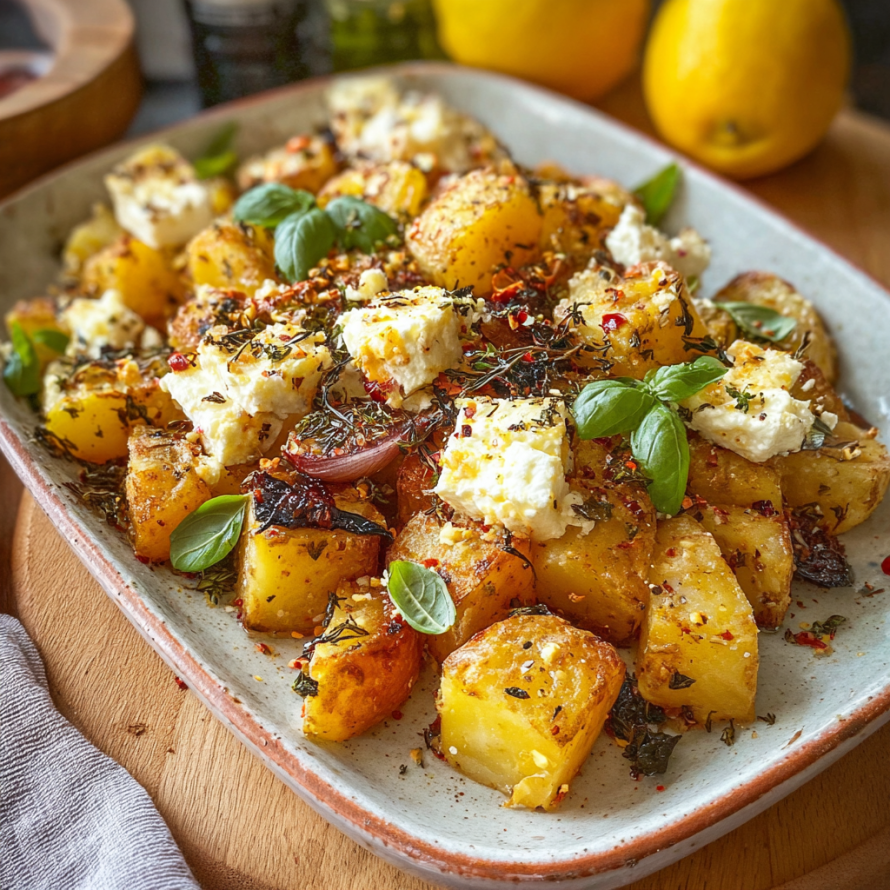 A dish of vegetables, including potatoes, is topped with feta cheese and herbs.