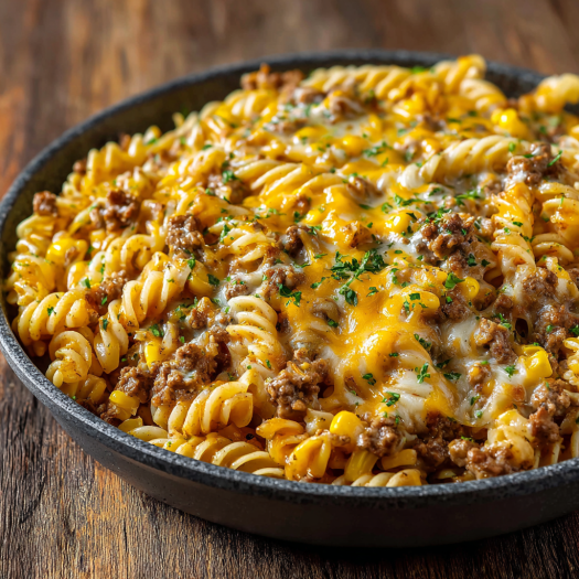 A delicious Loaded Cheddar Ranch Beef and Sweet Corn Rotini Bake is served in a black bowl.