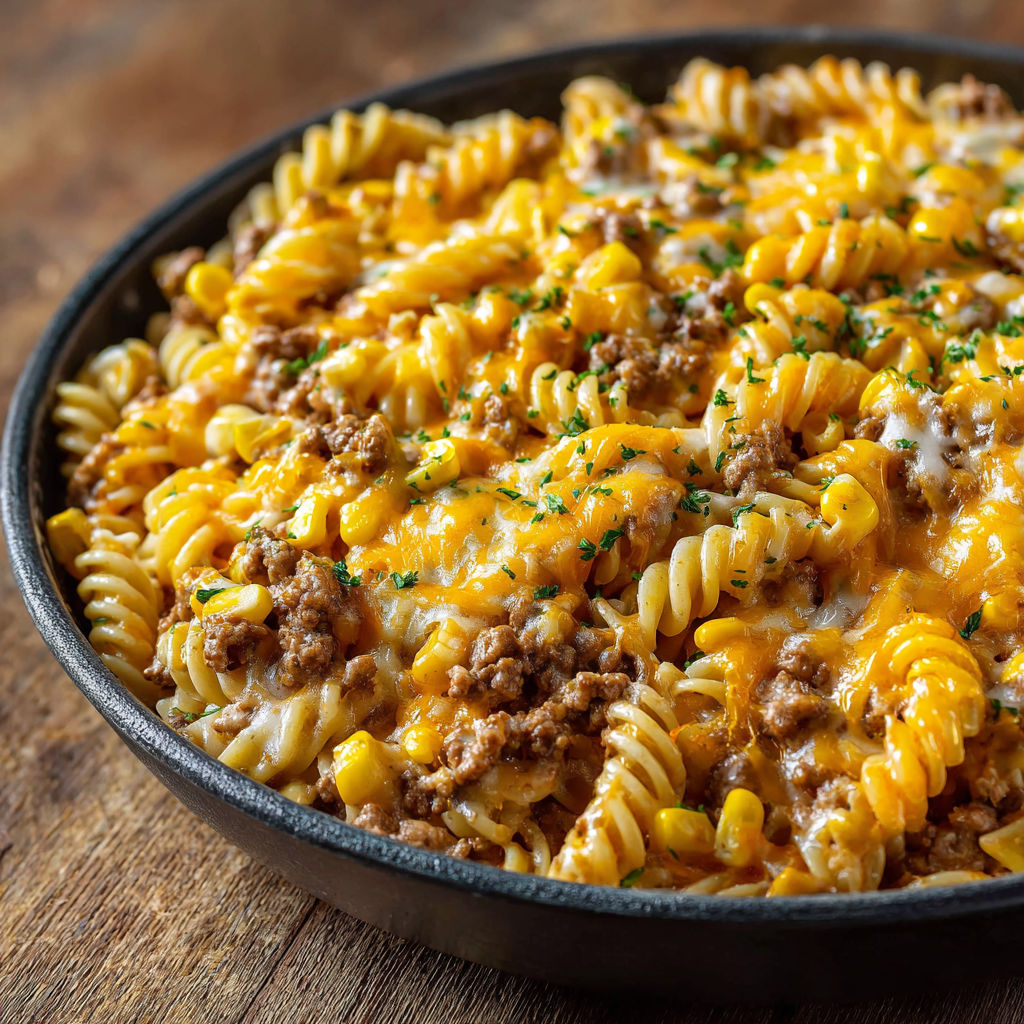 A delicious Loaded Cheddar Ranch Beef and Sweet Corn Rotini Bake is served in a black bowl.